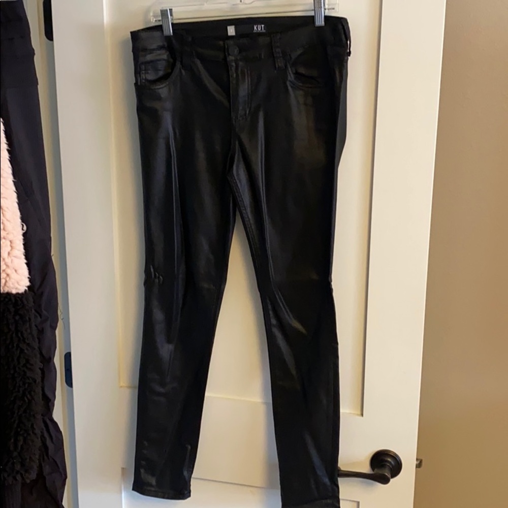 Black, coated mid-rise skinny jeans